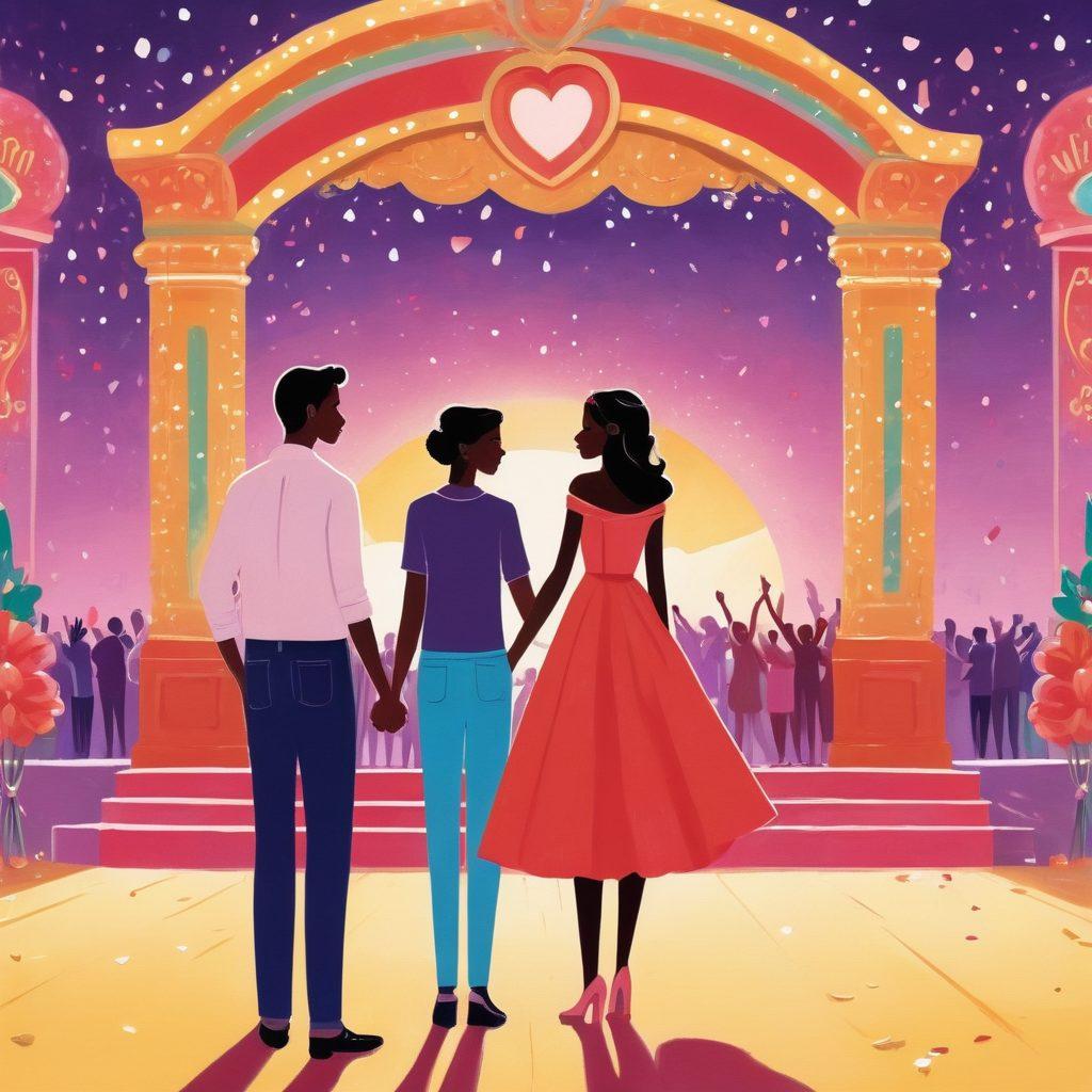 A whimsical illustration of a couple holding hands, standing in front of a grand stage filled with vibrant decorations for a love celebration. In the foreground, a stack of colorful tickets with heart motifs and sparkling confetti surrounding them symbolizes the excitement of ticket purchasing. Soft pastel colors create a warm and inviting atmosphere, inviting readers to experience the joy of securing their spot in the festivities. The background features a stylized sunset, suggesting romance and anticipation. vibrant colors. illustration.