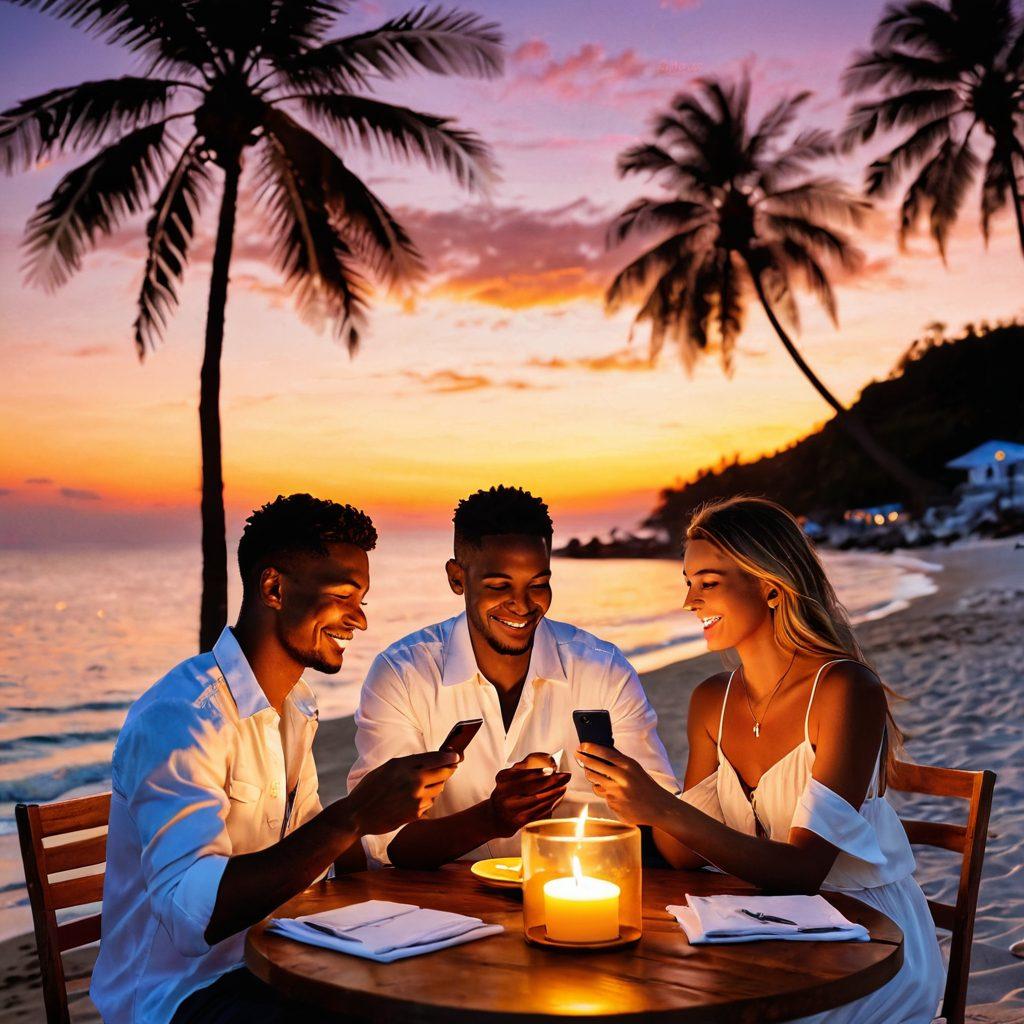 A couple enjoying a romantic getaway at a scenic beach, with their smartphone open displaying a seamless payment app. The sunset casts a warm glow on them as they smile while making a payment for a candlelit dinner. Nearby, a soft breeze rustles palm trees, adding to the romantic atmosphere. Emphasize the love and connection between them, with a focus on the technology enhancing their experience. vibrant colors. super-realistic. romantic vibe.