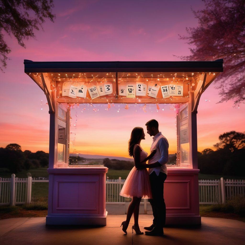 A romantic and whimsical scene featuring a couple holding hands, standing in front of a vintage ticket booth surrounded by soft glowing fairy lights. Incorporate heart shapes made of tickets floating in the air, symbolizing love and events. The background should have a dreamy sunset, with hints of pink and orange in the sky, conveying warmth and connection. Integrate elegant payment icons subtly in the design to signify the theme of transactions in love. super-realistic. vibrant colors. dreamy atmosphere.